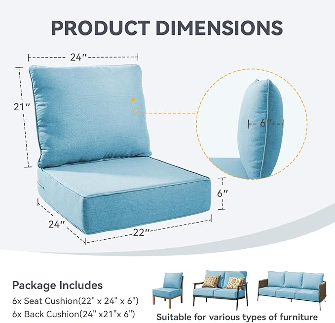 Outdoor Cushion Set for Furniture Patio Furniture, UV Resistant, Water Resistant - 6 Inch Thick Foam Garden Cushions– 22x24 Inch Patio Seat Covers for Chair/Sofa/Couch | Light Blue | 6-Pack |