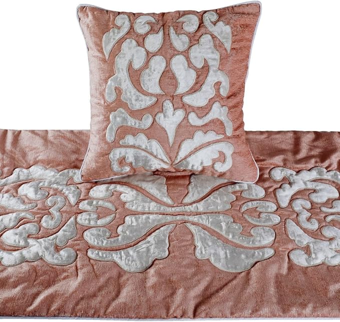 The HomeCentric Designer Peach & Ivory Queen 74 x 18 inch Bed Runner Without Pillow Cover, Velvet Applique Bed Scarf, Abstract Modern - Peach Elegance