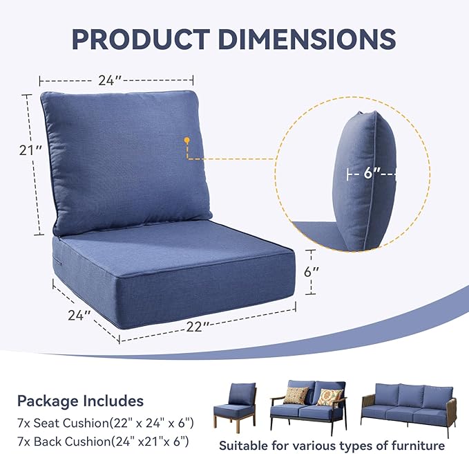 Outdoor Cushion Set for Furniture Patio Furniture, UV Resistant, Water Resistant - 6 Inch Thick Foam Garden Cushions – 22x24 Inch Patio Seat Covers for Chair/Sofa/Couch | Blue | 7-Pack |