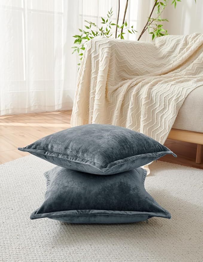 Luxurious Velvet Throw Pillow Covers 20x20 Set of 2 Decorative Pillow Covers Solid Square Cushion Case for Sofa Couch Bedroom Farmhouse, Blue Gray