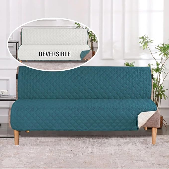 H.VERSAILTEX Reversible Futon Cover Water Repellent Armless Sofa Slipcover Washable Furniture Protector with Adjustable Elastic Strap Anti-Slip Futon Bed Cover for Dogs 70" Width Seat(Dark Teal/Beige)
