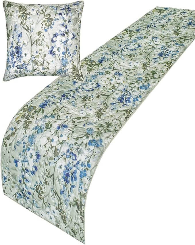 The HomeCentric King/Queen/Twin Blue Decorative Bed Runner CA King 86"x18" Bed Runner with Two Pillow Cover, Quilted Bed Scarf on Cotton Fabric - Garden Grace