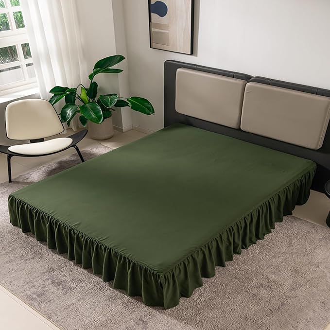 Bed Skirt Queen Size Ruffled Bed Skirt with Split Corners, 16 Inch Drop Dust Ruffle Bed Skirts with Platform, Green