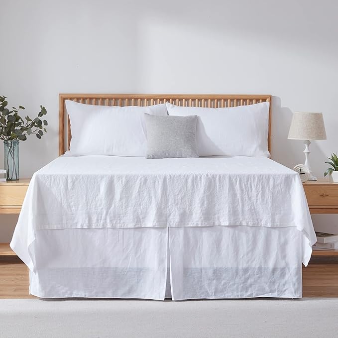 Simple&Opulence Belgian Linen Bed Skirt with Classic 22 inch Tailored Drop Dust Ruffle, Easy Fit Breathable Premium Natural Flax - Basic White, Queen