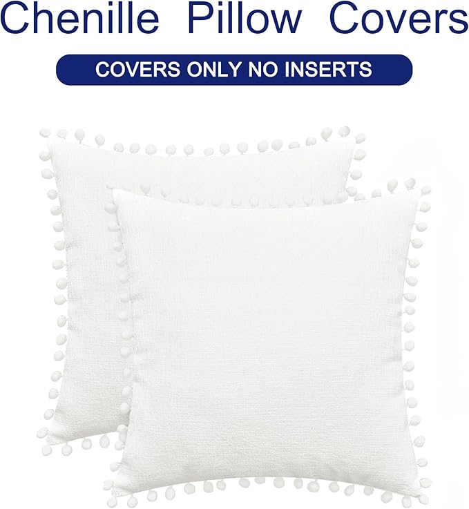 CaliTime Throw Pillow Covers Decorative 18 X 18 Inches Pack of 2 Cozy Solid Dyed Soft Chenille Cushion Cases with Pom Poms for Couch Sofa Bed Living Room Home True White