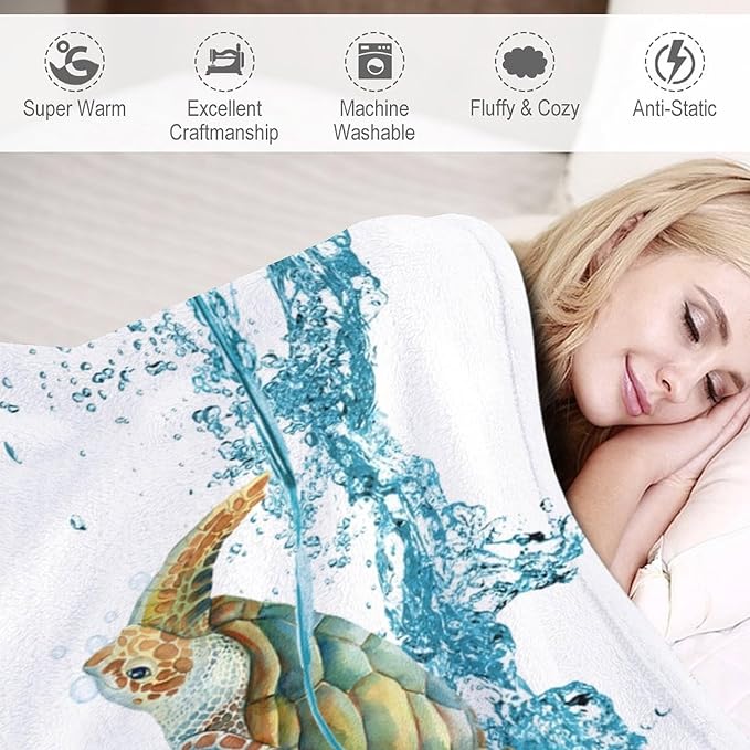 Sea Turtle Throw Blanket, Teal Blue Ocean Underwater Animal Starfish Fish Nautical Coastal Theme Fleece Flannel Blanket for Couch Sofa Bedroom Adults Kids, 40"x50"