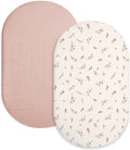 Bassinet Sheet for Baby Boy Girl 2 Pack, Fitted Sheets for Rectangle, Oval, Hourglass Bassinet Mattress, Muslin Moses Basket Sheets (Petal Leaf & Pink, Bassinet Sheet)