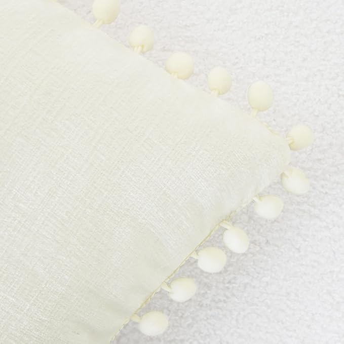 CaliTime Throw Pillow Covers Decorative 20 X 12 Inches Pack of 2 Cozy Solid Dyed Soft Chenille Cushion Cases with Pom Poms for Couch Sofa Bed Living Room Home Cream
