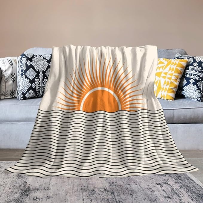 Abstract Sunset Throw Blanket, Boho Mid Century Geometric Minimalist Aesthetic Wave Sunrise Soft Warm Blankets for Couch Bedroom Sofa Office, 60"x80"