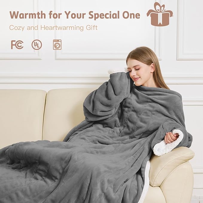 Heated Blanket, 55"×80" Wearable Electric Blanket with Sleeves, Sherpa Snuggle Throw Blanket, Warm Gift for Grandma, Mom, Dad, (Grey)