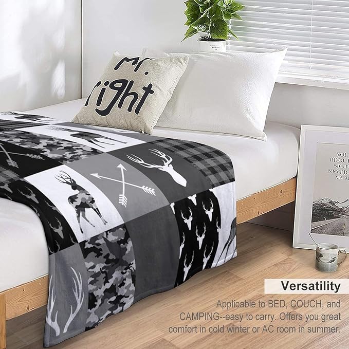 Rustic Cabin Throw Blanket, Farmhouse Grey Camouflage Deer Vintage Country Hunting Wildlife Blanket Throw for Bed Camping Travel Living Room Bedroom, 30"x40"