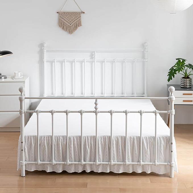 Tufted Dot Bed Skirt Twin Size Ruffled Bed Skirt with Split Corners, 14 Inch Drop Dust Ruffle Bed Skirts with Platform, White