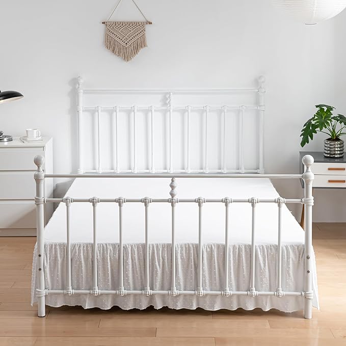 Tufted Dot Bed Skirt King Size Ruffled Bed Skirt with Split Corners, 12 Inch Drop Dust Ruffle Bed Skirts with Platform, White