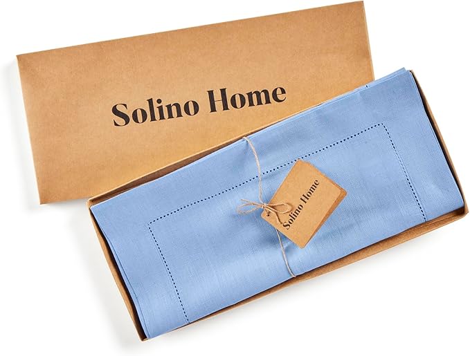 Solino Home Linen Cornflower Blue Table Runner 108 Inches Long - 100% Pure Linen Hemstitch 14 x 108 Inch Table Runner for Dining, Christmas, Holiday, New Year - Classic Hemstitch