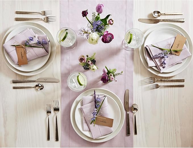 Solino Home Linen Lilac Table Runner 72 Inches Long - 100% Pure Linen Hemstitch Table Runner 14 x 72 Inch for Dresser, Dining, Christmas, New Year - Classic Hemstitch