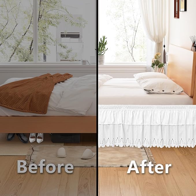 Queen Bed Skirt, Double-Layered Ruffled Eyelet Bed Skirt, Wrap-Around Elastic Dust Ruffle Queen Size with Gathered Styling and Embroidered Details, 18" Drop Length (White)