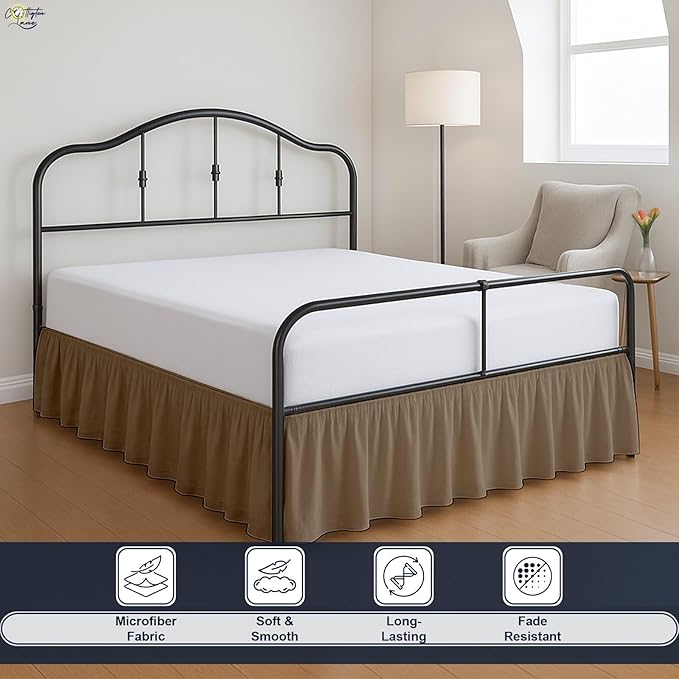 Cottington Lane Ruffled Bed Skirt King Size with Split Corner, Brushed Microfiber Hotel Quality Taupe Dust Ruffle, 24 Inch Drop Gathered Bedskirt, Soft and Stylish, Shrinkage and Fade Resistant
