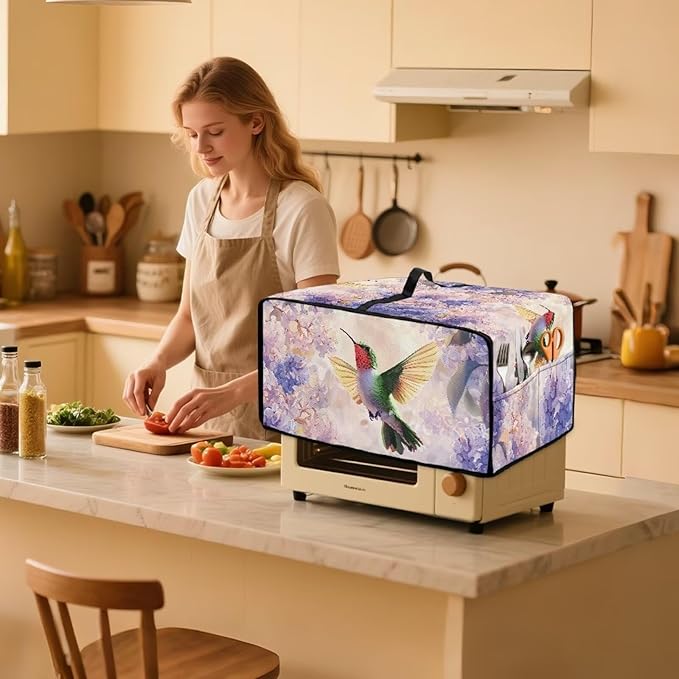 Hummingbird Hydrangea Floral Print Dust Cover for Microwave Oven Waterproof Heavy Duty Microwave Oven Cloth Cover with Storage Pockets Kitchen Appliance Protector, L