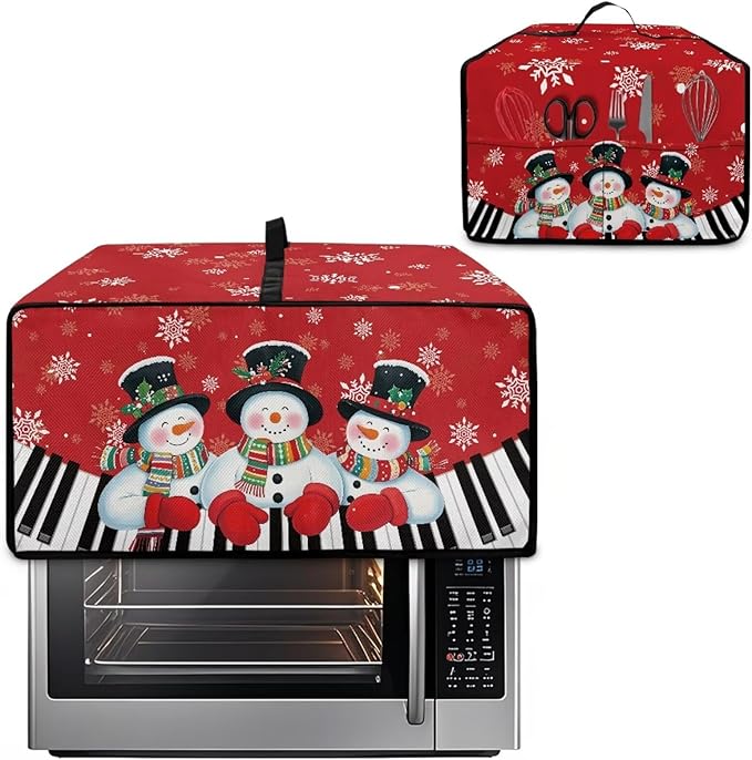 Christmas Air Fryer Toaster Oven Cover with Side Pockets, Holiday Festival Decor Electrical Appliance Cover Kitchen Countertop Accessories and Decor, M, Snowman Piano Keys Snowflake Red