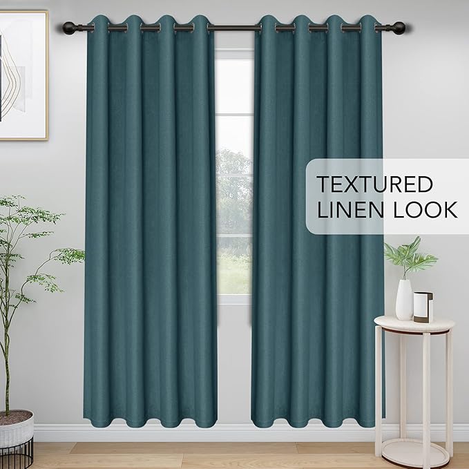 Easy-Going Linen Look Blackout Curtain 108 Inch Length Grommet Window Curtain for Bedroom, Living Room Thermal Insulated Room Darkening (Set of 2 Panels, Bluestone)