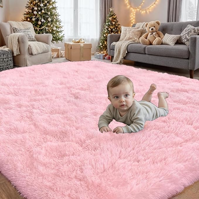 8x10 Area Rug for Living Room: Soft Fluffy Shag Pink Rugs for Bedroom, Non-Slip Large Fuzzy Plush Rug Indoor Floor Carpet for Nursery Kids Boys Girls Room, Dorms, Playroom, Modern Home Decor