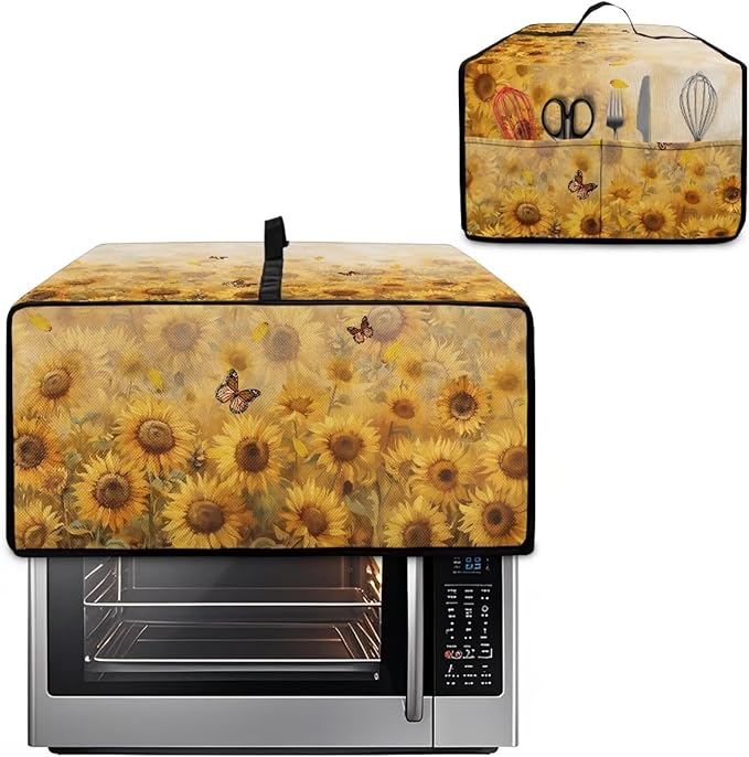 Microwave Oven Cover Dustproof Air Fryer Toaster Oven Protector with Storage Pockets, Stain-resistant Small Appliance Cover for Kitchen Decor, L, Sunflower Butterfly
