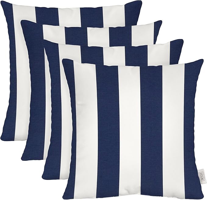 RSH DECOR: Square Throw Pillows Set of 4 | 17” x 17” | All-Weather Spun Fabric | Water and Fade-Resistant | Outdoor Accent Pillows for Patio Furniture | Navy Blue & White Stripe - Made in USA