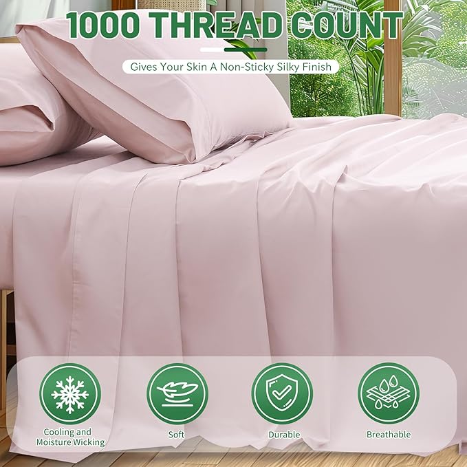 1000 Thread Count Egyptian Cotton Sheets Queen Size Set 4PCS Sateen Weave Soft Breathable 16-Inch Deep Pocket（Queen,Light Pink）