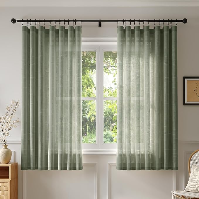 Anmao Natural Linen Curtains for Living Room 45 Inch Length 2 Panels Set, Light Filtering Semi Sheer Window Curtain Drapes for Bedroom with Curtain Rings and Clips, 52Wx45L, Olive Green