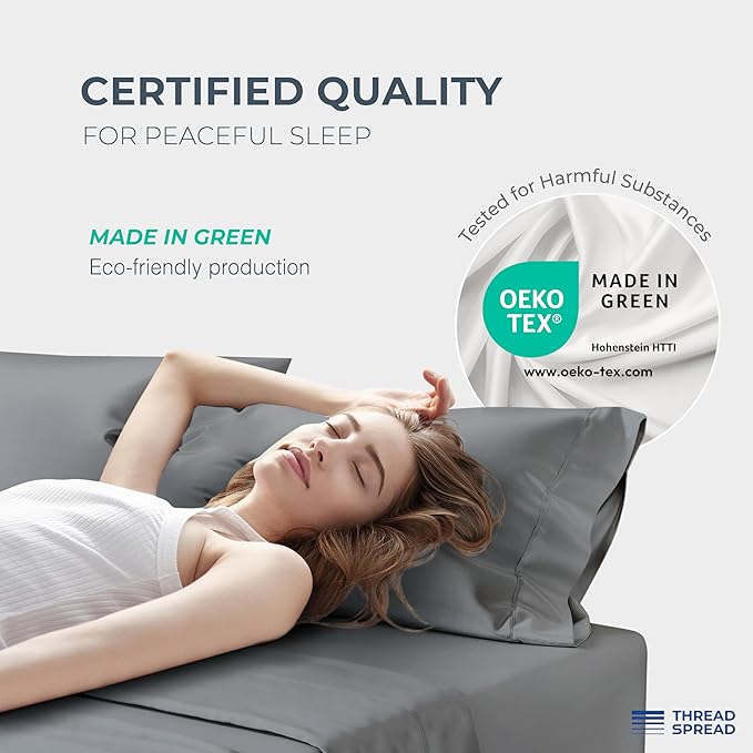 THREAD SPREAD 100% Egyptian Cotton Split King Sheets Sets for Adjustable Bed - Luxury 1500 Thread Count Split Top King Sheets (5 PC, Dark Grey), Soft, Cooling, Sateen Weave 17" Deep Pocket Sheet Set