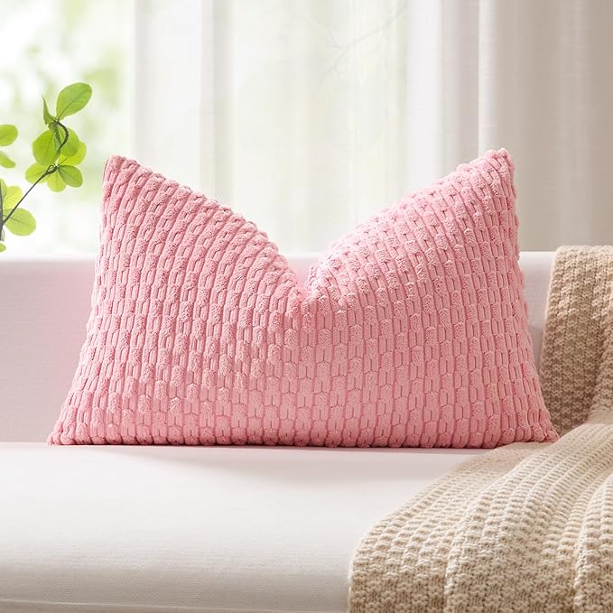 Kevin Textile Valentines Day 12x20 Inch Pillow Cover 1 Pack Boho Decorative Soft Striped Corduroy Lumbar Farmhouse Accent Rectangle Cushion Case for Living Room Couch Sofa Bed, Pink