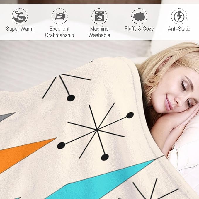 Mid Century Flannel Throw Blankets, Mid Century Modern Geometric Atomic Shapes Orange Retro Style Boho Print Blanket for Bed Couch Sofa Fuzzy Tv Throws 30"x40"