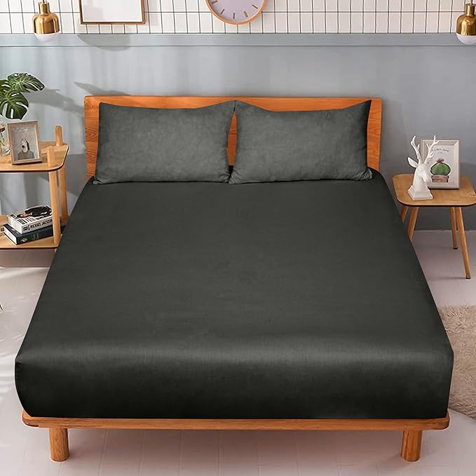 ROYALE LINENS 300 Thread Count 100% Long Staple Combed Cotton Fitted Sheet Queen - Super Soft Deep Pocket Bottom Sheet - Fitted Sheets Only - Elastic Sheets (Queen, Black)