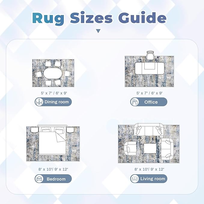 Area Rugs 9x12 for Living Room: Washable Rug Modern Abstract Neutral Soft Non-Slip Low-Pile Indoor Large Carpet for Bedroom Dining Room Playroom Home Office (Blue Grey Brown, 9'x12')