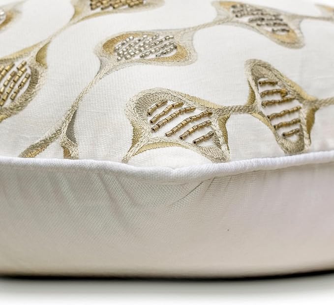The HomeCentric King/Queen/Twin Beige Decorative Bed Runner Twin 53"x18" Bed Runner with Two Pillow Cover, Embroidery, Geometric, Beaded Hand Embroidery Bed Scarf on Linen Fabric - Mahsa
