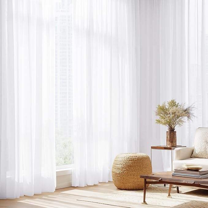 NICETOWN White Sheer Curtains 63 inches Long 4 Panels, 42 inch Wide Rod Pocket Light Filtering Drapes Translucent Modern Voile Airy & Breathable Window Treatment for Kitchen