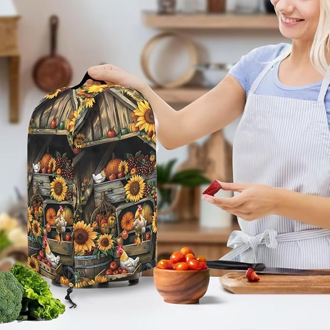 Sunflowers Wooden Shelves Blender Cover for Kitchen Chickens Small Appliance Dustproof Cover Washable Foldable Coffee Appliance Covers with Durable Handle