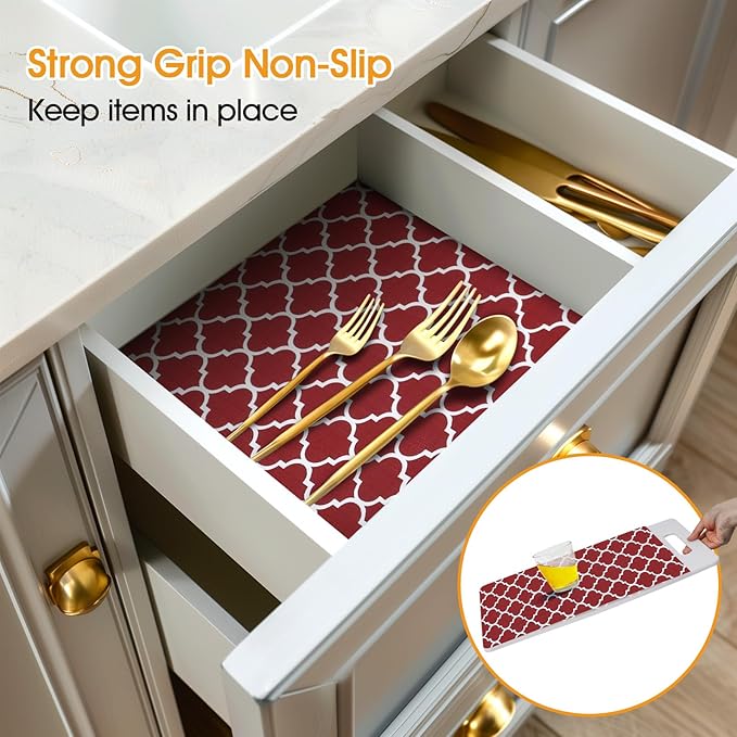 Shelf and Drawer Liner for Kitchen Cabinets Non-Adhesive, Strong Grip Non-Slip Thickened Cabinet Liners for Shelves, Waterproof Mats for Dresser Cupboard, Red/White, 17 in x 20 Feet