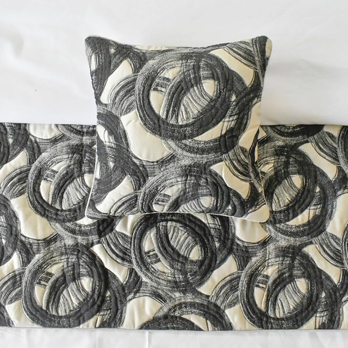 The HomeCentric King/Queen/Twin Black Designer CA King 86"x18" Bed Runner with Pillow Cover, Circle, Rings, Quilted Bed Scarf on Jacquard Fabric - Circlewise