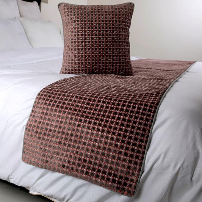 The HomeCentric Grey Bed Runner, Twin Size 53"x18" Decorative Bed Runner with Matching Pillow Cover, Peach & Grey Velvet Bed Scarf in Sequins Embroidery - Ditto Dots