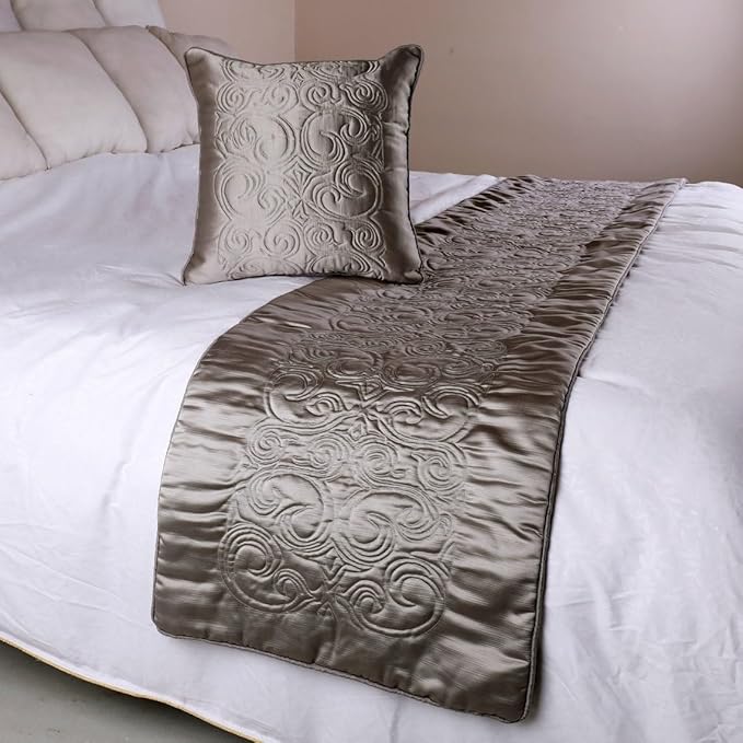 The HomeCentric Designer Silver Full 68 x 18 inch Bed Runner Without Pillow Cover, Satin Quilted Bed Scarf, Abstract Modern - Silver Soft