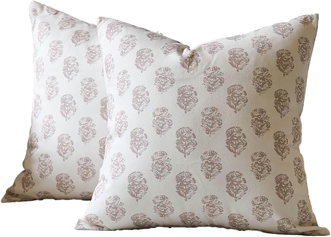 DOMVITUS Set of 2 Floral Pillow Covers 24x24, Block Print Pillow Covers Vintage Neutral Decorative Farmhouse Throw Pillow Covers for Couch Bed Living Room Light Camel