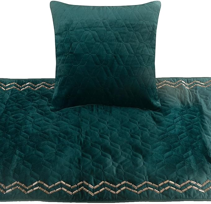 The HomeCentric King Queen Twin Teal Blue Decorative Twin 53"x18" Bed Runner with 2 Pillow Cover, Quilted & Crystals Bed Scarf on Velvet Fabric - Teal Diamond Symphony