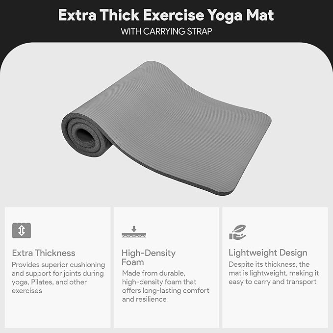 BalanceFrom GoCloud 71x24 Inches Extra Thick Yoga Mat 1-Inch High-Density Foam – Roll-Up Exercise Pad with Double-Sided Non-Slip Surface and Carrying Strap for Pilates and Home Workouts