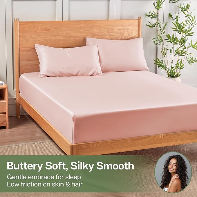 MR&HM King Fitted Sheet Only, Ultra-Soft Rayon Derived from Bamboo & Polyester Blend, Silky & Breathable, 15" Deep Pocket with Elastic Straps, Cooling Fitted Sheet for Hot Sleepers, Pink