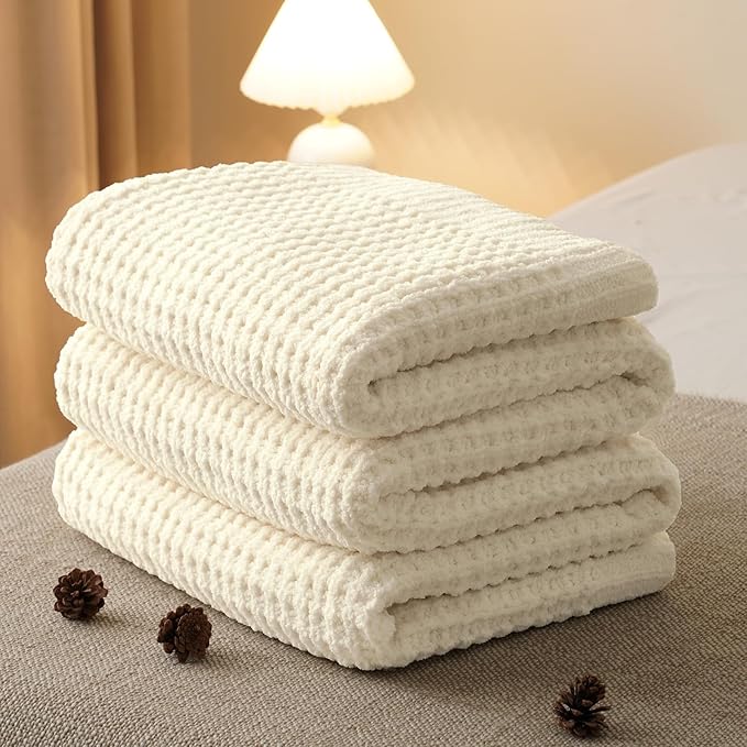 PHF Chenille Waffle Knit Blanket Twin Size- Plush Warm & Cozy 60" x 80" Ultra Soft Blanket- Chunky Fluffy Waffle Bedding for Home Decor - Cream