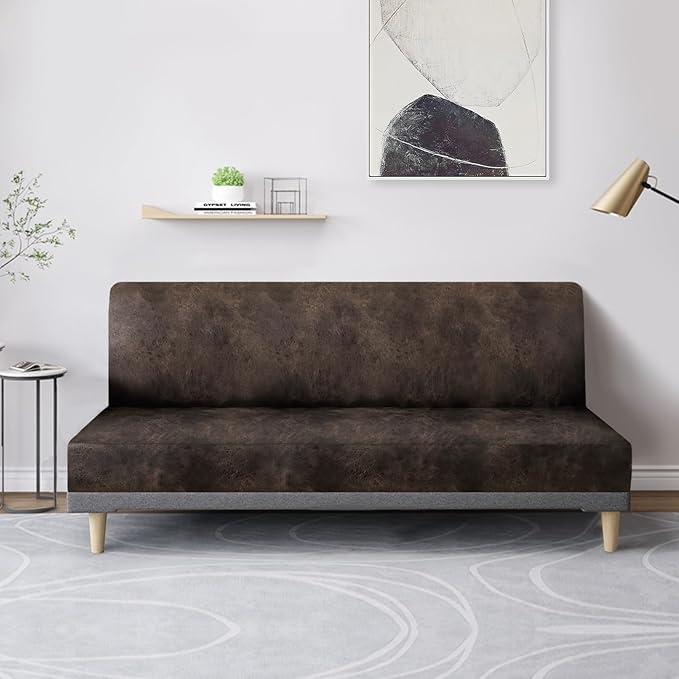 molasofa Leather Like Stretch Futon Slipcover Armless Futon Bed Sofa Cover Furniture Protector with Elastic Bottom, Soft and Washable Futon Cover for Sofa Bed Stay in Place（Medium，Dark Brown）