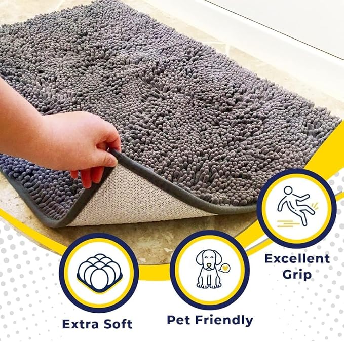 Muddy Mat® AS-SEEN-ON-TV Highly Absorbent Microfiber Door Mat and Pet Rug, Non Slip Thick Washable Area and Bath Mat Soft Chenille for Kitchen Bathroom Bedroom Indoor and Outdoor - Grey XXL 60"X48"