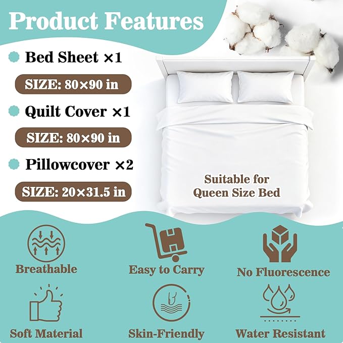 Disposable Bed Sheets for Travel - 4PCS Portable Travel Bedding Set for Hotel, Breathable 1Bed Sheet 1Quilt Cover 2Pillowcover, Disposable Bed Set for Camping, SPA, Business Trip, Cruise Essentials