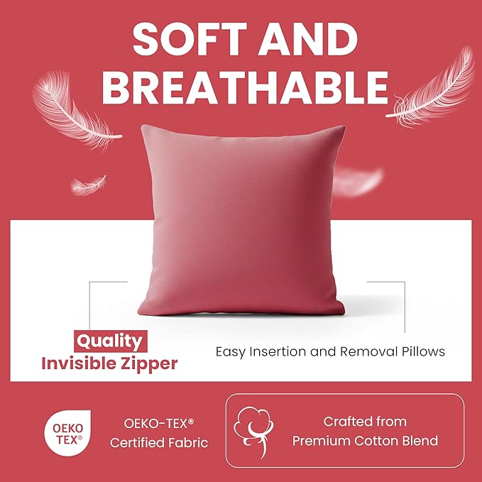 Haven & Glow Decorative Throw Pillow Cover – Square Cushion Case with Zipper | Modern Sofa, Couch & Bed Accent Pillow Covers for Living Room, Bedroom & Home Decor | 18 x 18 Inch – Pink – Pack of 2
